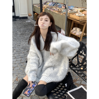 灰色套頭毛衣女秋冬加厚2023新款寬鬆韓系溫柔風軟糯中長版針織衫