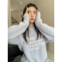 軟糯糯奶呼呼毛衣女秋冬2023新款仿貂絨加厚寬鬆字母長袖針織上衣