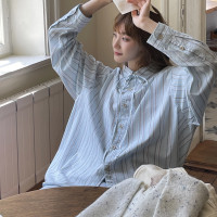 jmwomen 海鹽藍色條紋襯衫女設計感小眾襯衫韓系chic別致秋裝上衣