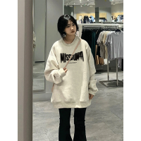 高街重磅圓領厚棉T女士秋冬季2023新款oversize加絨加厚美式上衣潮