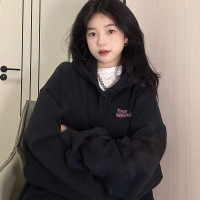 強烈推薦入手！美式黑色連帽運動衫女高級感寬鬆Oversize上衣外套潮