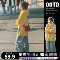 美式復古oversize連帽運動衫外套女春秋2023新款爆款小個子黃色上衣