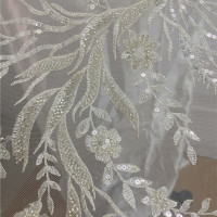Роскошные Серебристые белые тяжелые бусины цветочное тиснение свадебное платье кружевное платье аппликация для шитья своими руками
