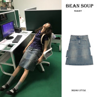 Bean Soup/豆湯 小眾拼接設計感a字半身裙女夏季復古顯瘦牛仔裙子