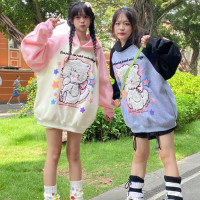 crazkilo-可愛甜美毛絨布貼刺繡貓咪卡通連帽運動衫情侶