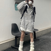 Takeoff咖哩秋新款條紋連帽開衫衛衣短外套寬鬆潮ins街頭情侶bf