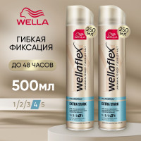 Лак для волос профессиональный объем WELLA Wellaflex Extra Stark сильной фиксации (4), 500 мл, стайлинг, антистатик, средство для укладки без отдушек, НАБОР (2 бутылочки по 250 мл)