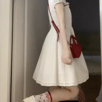 紅絲帶蕾絲花邊娃娃領洋裝女短袖2023夏季新款法式白色初戀裙子