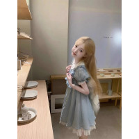 法式可愛藍色娃娃領泡泡袖洋裝女夏季蕾絲花邊小個子a字短裙子