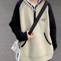 美式復古毛衣女春秋冬寬鬆外穿慵懶風設計感小眾拼接連帽針織上衣