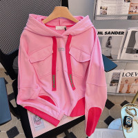 粉色連帽運動衫女春秋新款2023短款寬鬆設計感小眾長袖薄款網紅上衣