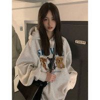 花灰色連帽運動衫女春秋2023新款小眾藝術生奶乖上衣慵懶設計感外套