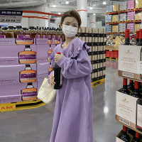 長袖厚棉T紫色洋裝女中長版早春秋季2023新款別致漂亮木耳邊長裙