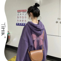 美式復古連帽香芋紫色蝴蝶結衛衣加絨女春秋oversize潮牌甜酷上衣