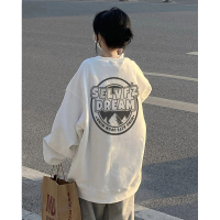 美式復古無帽衛衣女春秋款寬鬆bf慵懶風加絨加厚中長版圓領上衣潮