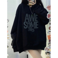 美式復古oversize潮牌黑色厚棉T女春秋款2023新款原創小眾設計上衣