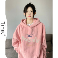 美式正肩櫻花粉色衛衣女春秋加絨復古港風chic外套溫柔風韓式上衣