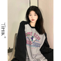 正肩美式復古港味chic插肩衛衣撞色假兩件長袖T恤女春日雜風上衣