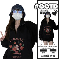 美式復古黑色正肩Polo領衛衣女春秋季薄款oversize小眾設計感上衣