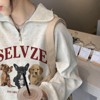 正肩花灰色半拉鍊衛衣女款春秋奶甜設計感polo衫美式甜辣上衣顯瘦