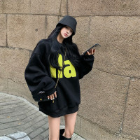 黑色圓領厚棉T女春秋薄款新款2023爆款加絨寬鬆中長版oversize外套