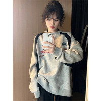 國潮美式撞色字母印花厚棉T女春秋潮牌高街小眾設計感情侶長袖上衣