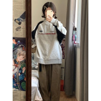 vintage美式復古圓領厚棉T女秋冬插肩2023新款正肩上衣外套女春秋