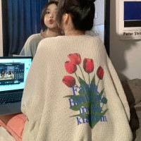 復古鬱金香印花灰色毛衣女秋冬新款潮牌高級感寬鬆顯瘦外穿針織衫