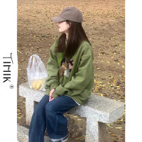 正肩高級綠色厚T恤女加絨加厚款秋季日系復古卡通動漫少女外套上衣