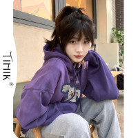 古著vintage奶紫色衛衣加絨連帽上衣春秋美式減齡外套設計感衣服