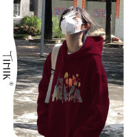 正肩美式酒紅色連帽運動衫女春秋加絨港味復古chic上衣oversize外套