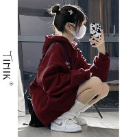 日系慵懶風加絨酒紅色衛衣韓式風女春秋連帽外套韓式溫柔上衣長袖