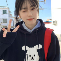 藏青色連帽情侶厚T恤女秋冬款2023新款美式oversize寬鬆藝術生外套