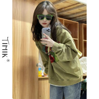 美式復古綠色圓領厚棉T女秋冬新款oversize外套貝蒂設計感森繫上衣