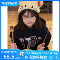 美式街頭潮牌oversize格子刺繡數字寬鬆套頭連帽加絨衛衣男女帽衫