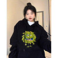 黑色vintage小眾連帽運動衫女小個子春裝古著oversize潮牌加絨上衣