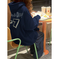 美式復古藏青色連帽運動衫女秋冬季oversize開衫拉鍊外套加絨情侶裝