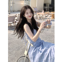 海邊度假雪紡吊帶洋裝女夏季高級感收腰露背氣質無袖背心長裙子