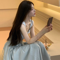 極簡風方領收腰洋裝女夏季新款高級感高腰顯瘦拼接針織長版裙子