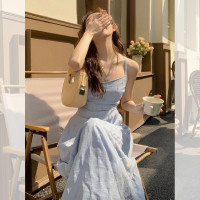 法式溫柔風藍色吊帶洋裝女夏高級設計感收腰茶歇無袖小個子長裙