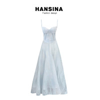 HANSINA法式淺藍色提花抹胸吊帶洋裝海邊度假風收腰顯瘦長裙子