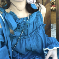 法式克萊因藍色襯衫女裝夏季多巴胺穿搭寬鬆顯瘦掛頸露肩長袖襯衫