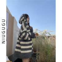 條紋撞色毛衣女春秋冬新款韓版高級感復古寬鬆慵懶風針織連帽運動衫