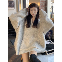 oversize軟糯馬海毛毛衣女加厚冬季日系慵懶復古高級感V領針織衫