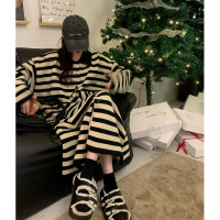 韓系polo領條紋毛衣針織洋裝女秋冬復古寬鬆中長版外穿慵懶裙子