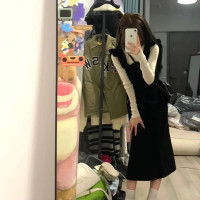 赫本風小黑裙絲絨洋裝女秋冬季韓系高級感小個子收腰抱嬰袋裙套裝