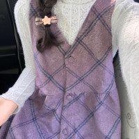 秋裝韓劇穿搭2023新款慵懶紫色格紋V領長版洋裝寬鬆毛呢背心裙