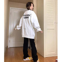 國潮牌美式復古oversize圓領厚棉T女秋冬加絨無帽chic港味白色上衣