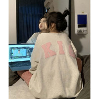 國潮牌美式字母布貼復古圓領厚棉T女秋季oversize長袖街頭上衣外套