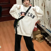 美式復古bm高街字母白色厚棉T女秋季寬鬆加絨oversize小眾上衣潮